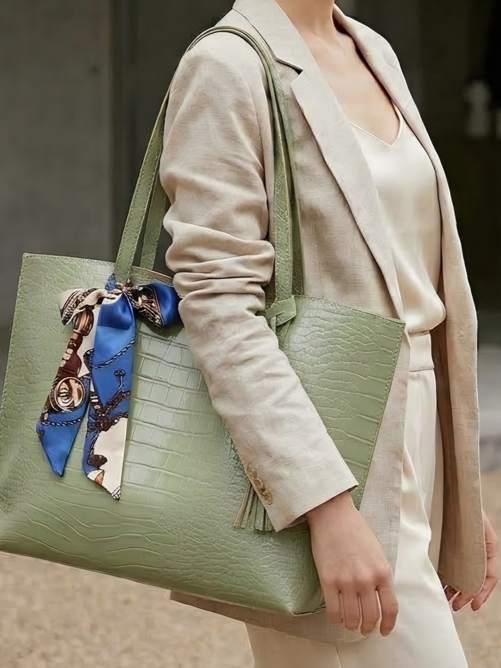 Elegant Olive Green Croc-Embossed Tote Bag
